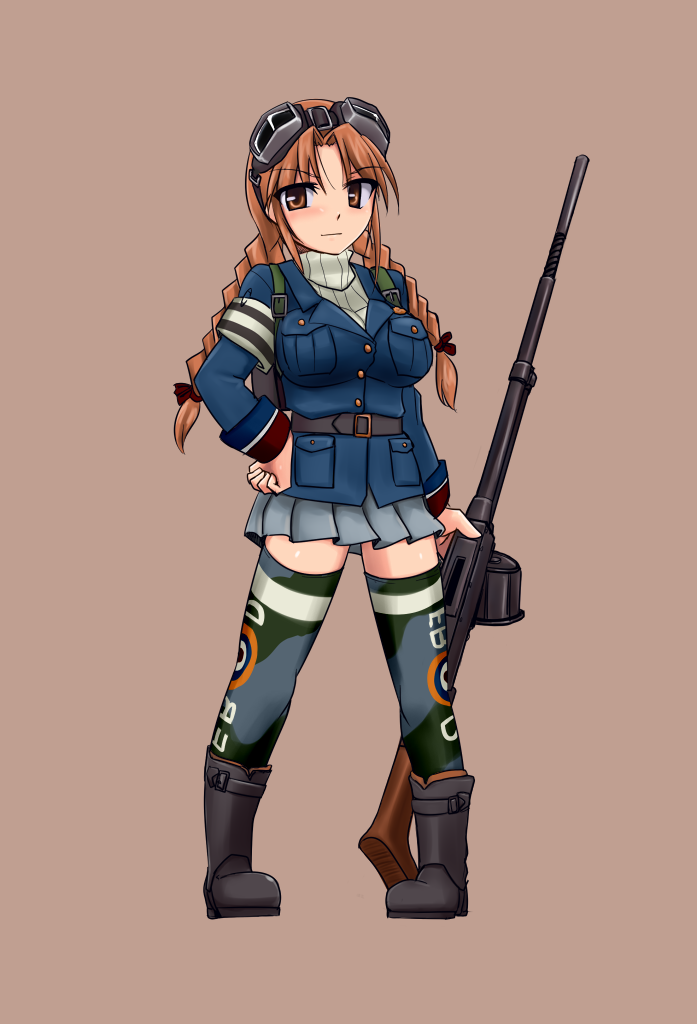 airplane, armband, boots, braid, breasts, brown_background, brown_eyes, brown_hair
