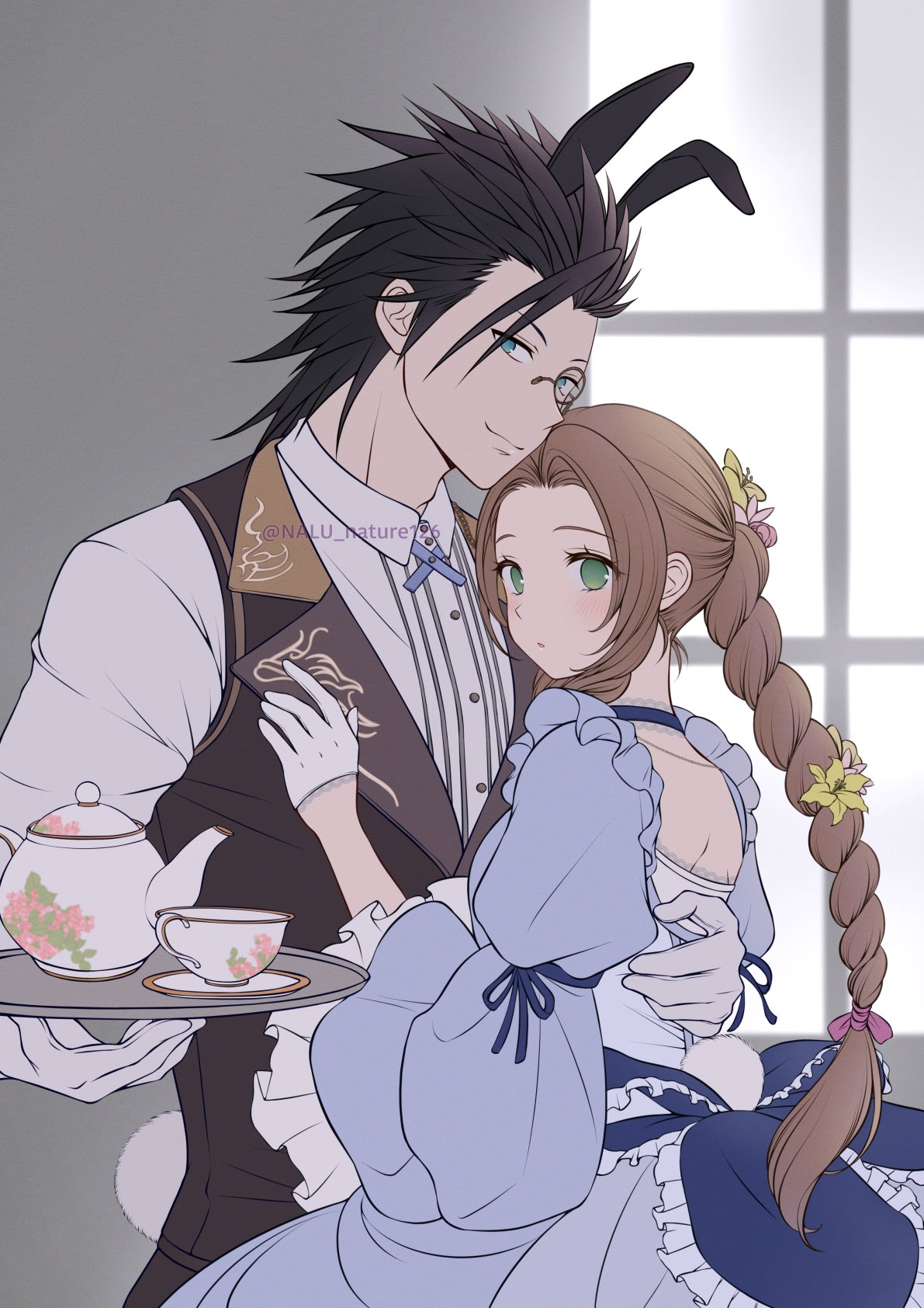 1boy, 1girl, aerith_gainsborough, aerith_gainsborough_(classic_coney), animal_ears, black_hair, blue_dress, blue_eyes