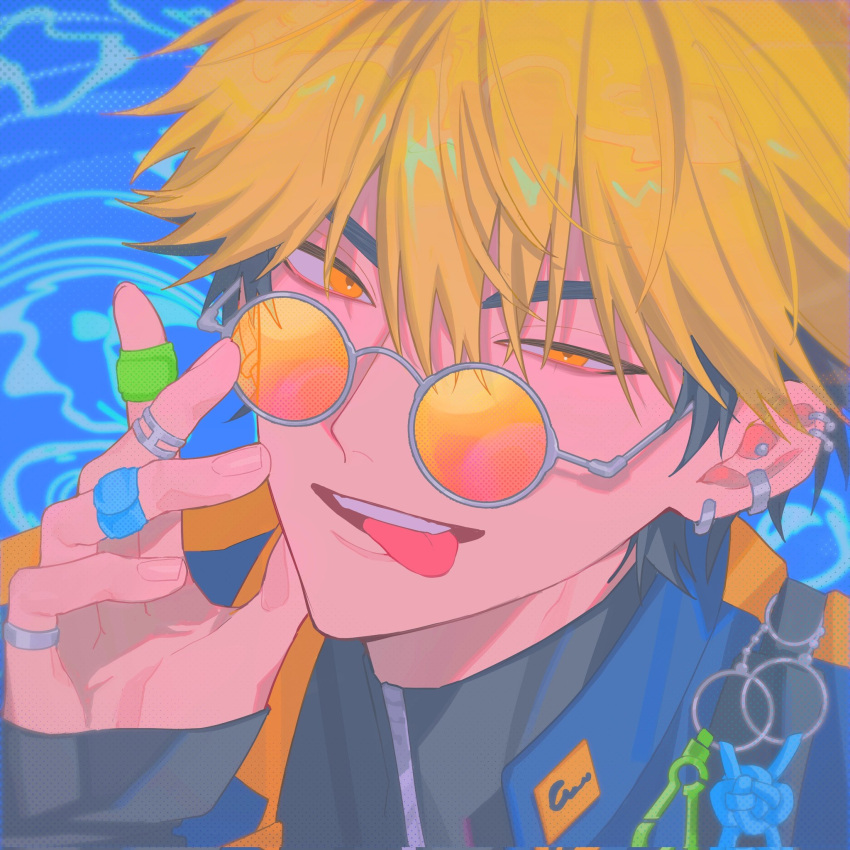 1boy, black_hair, black_shirt, blonde_hair, blue_background, blue_jacket, charm_(object), ear_piercing