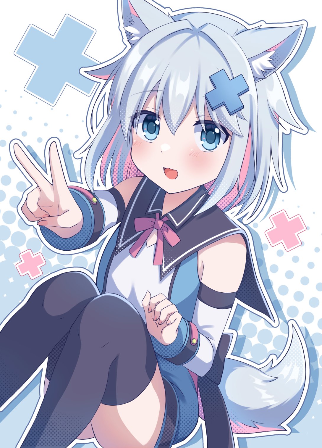 1girl, :d, animal_ear_fluff, animal_ears, black_thighhighs, blue_dress, blue_eyes, blue_hair, blush, bow, colored_inner_hair, detached_sleeves, dress, fox_ears, fox_girl, fox_tail, grey_hair, hair_between_eyes, hair_ornament, halftone, highres, knees_up, looking_at_viewer, medium_hair, mint_(vrchat), multicolored_hair, open_mouth, pink_hair, ribbon, short_hair, sitting, smile, solo, tail, thigh-highs, two-tone_hair, v, vrchat, white_sleeves, x_hair_ornament, yukino-ss, yukino_(weem4554)