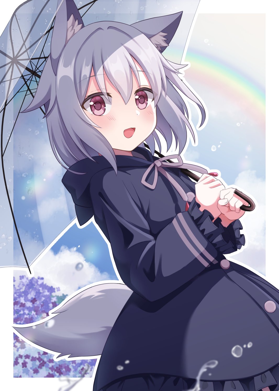 1girl, :d, animal_ear_fluff, animal_ears, black_coat, blush, border, coat