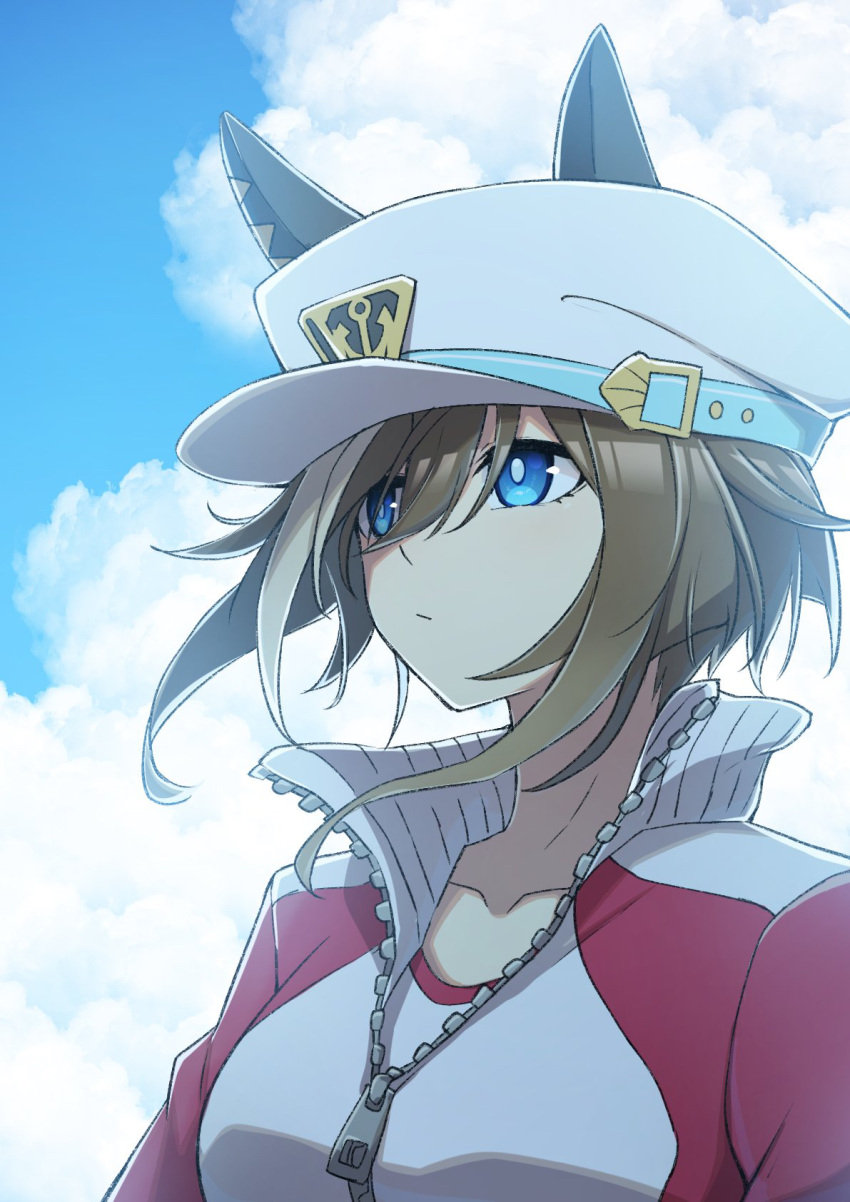 1girl, animal_ears, blue_eyes, blue_sky, breasts, brown_hair, cheval_grand_(umamusume), clouds