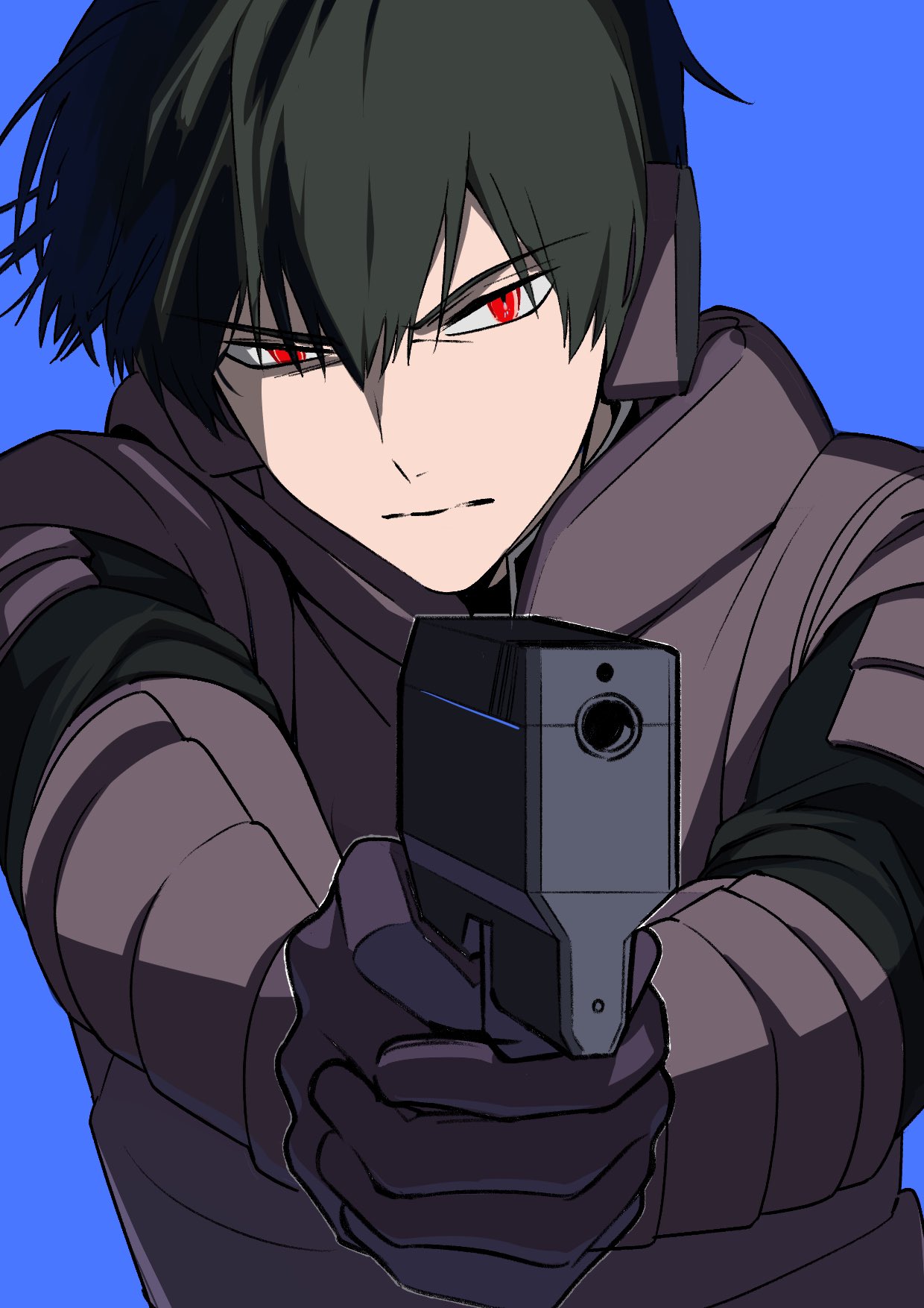 1boy, black_hair, black_headphones, black_jacket, blue_background, bracer, closed_mouth, fighting_stance
