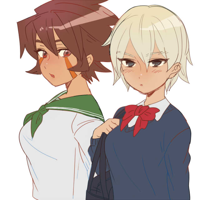 bag, blush, brown_hair, genda_koujirou, genderswap, gouenji_shuuya, inazuma_eleven, inazuma_eleven_(series)