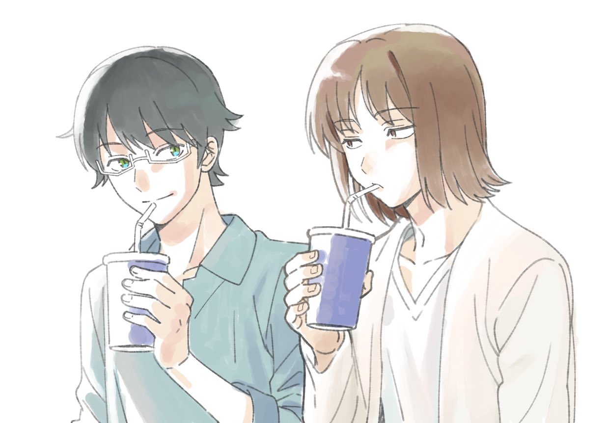 2boys, black_hair, blue_shirt, brown_eyes, brown_hair, closed_mouth, collared_shirt, cup