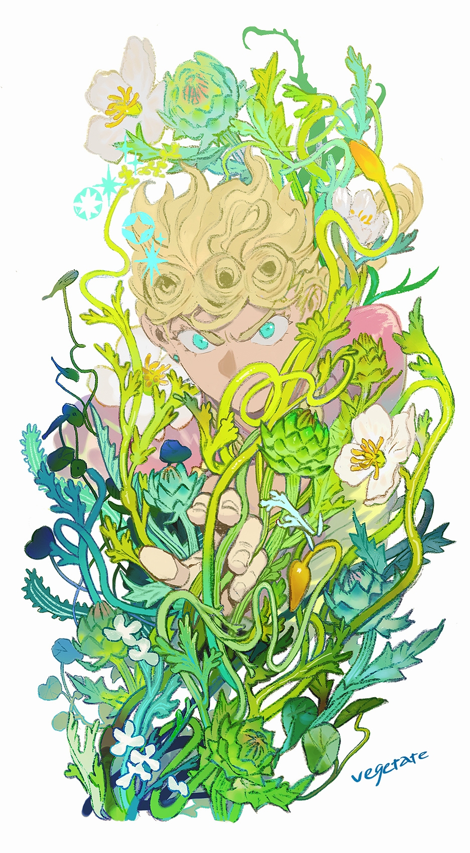 1boy, aqua_eyes, blonde_hair, earrings, flower, giorno_giovanna, hair_rings, highres
