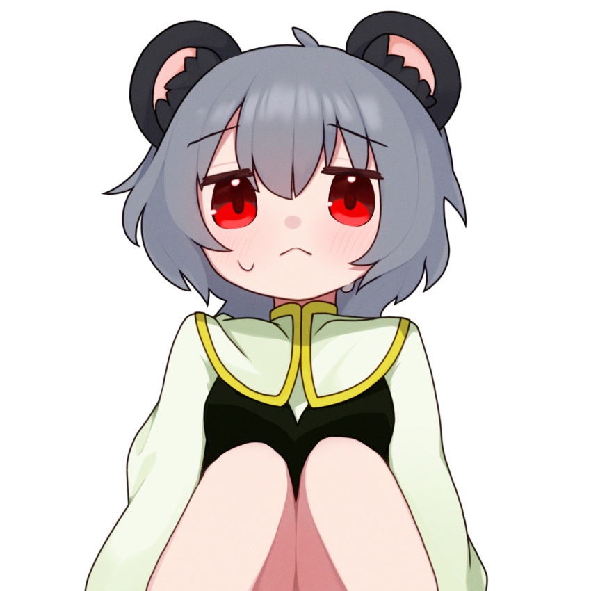 1girl, :<, animal_ears, black_vest, blush, closed_mouth, commentary_request, cookie_(touhou)