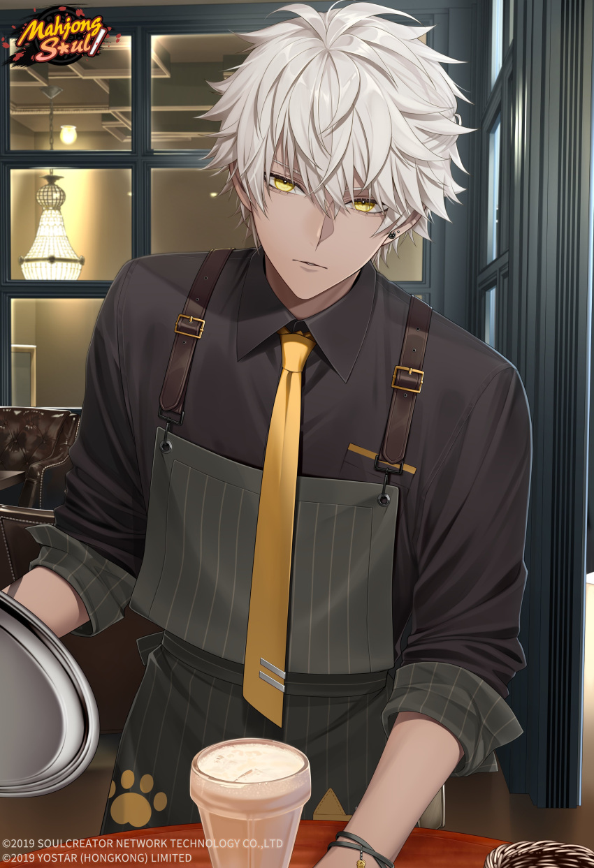 1boy, a-37_(mahjong_soul), absurdres, apron, black_shirt, bracelet, cafe, chimachi
