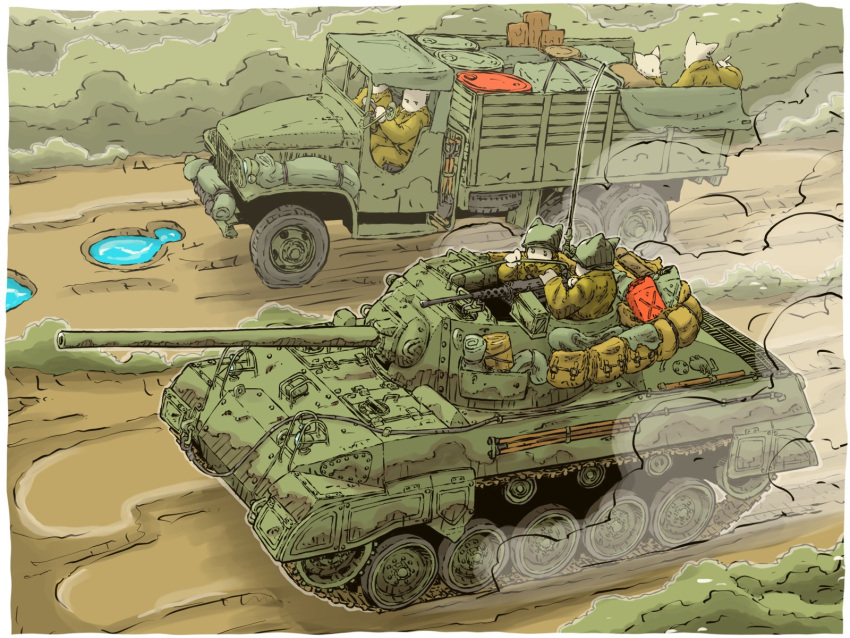 6+boys, browning_m2, cannon, cat_boy, caterpillar_tracks, combat_helmet, drum_(container), furry