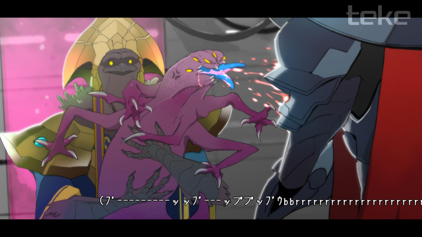 2boys, armor, banner, beak, blue_robe, chozo, claws, fangs, feathers, holding, metroid, metroid_dread, monster, multiple_boys, no_humans, quiet_robe_(metroid), raven_beak_(metroid), robe, signature, spitting, teke, tongue, yellow_eyes