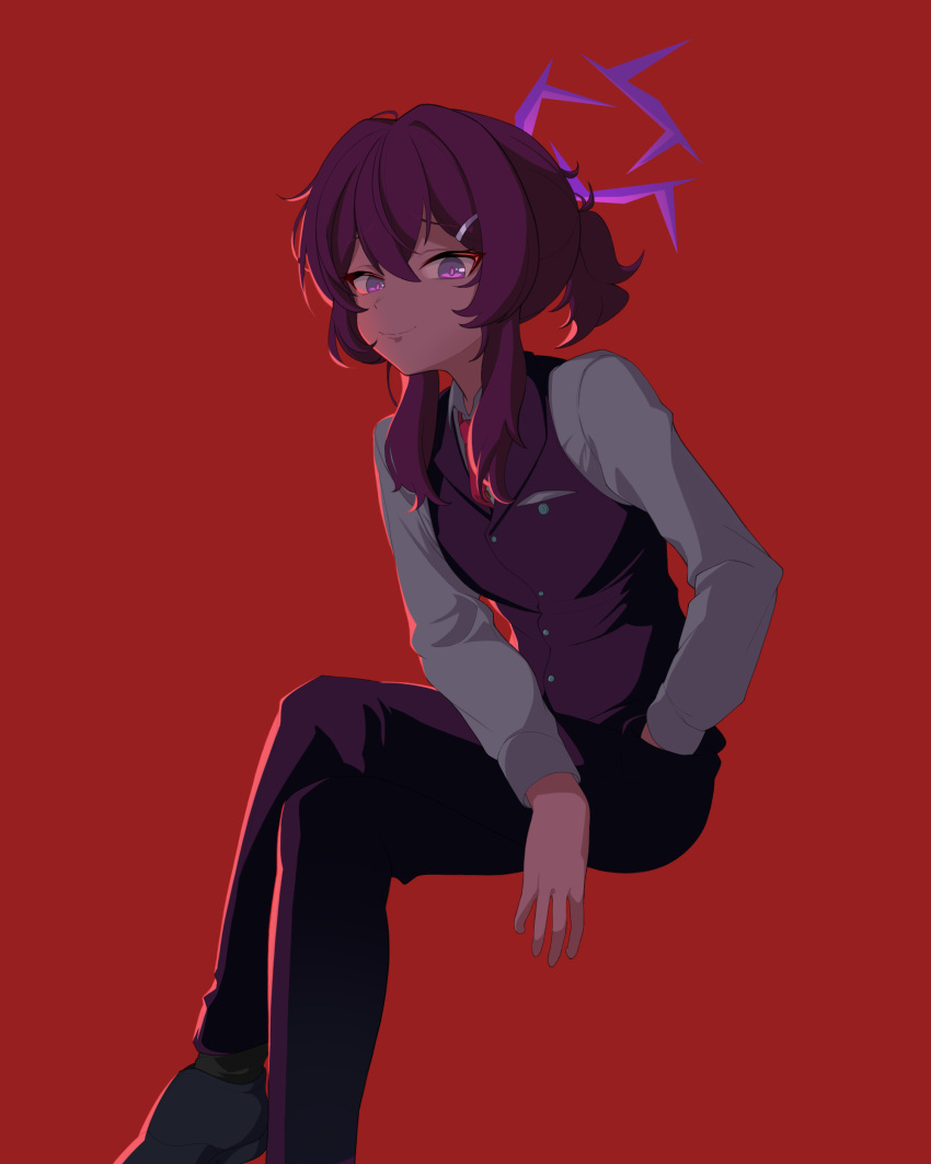 absurdres, black_pants, black_vest, blue_archive, bright_pupils, buttons, closed_mouth, collared_shirt