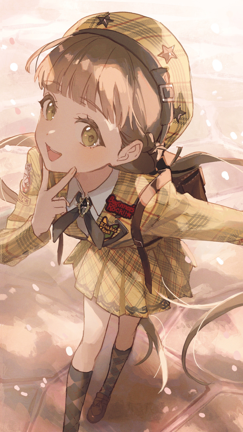 1girl, absurdres, argyle_clothes, argyle_socks, backpack, bag, beginners_rock!!, blunt_bangs