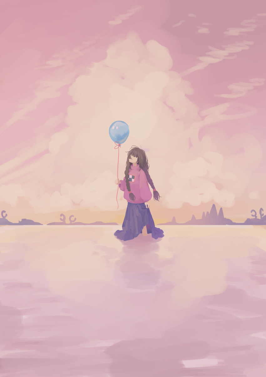 1girl, absurdres, artycharmy, balloon, blue_skirt, braid, brown_hair, clouds, cloudy_sky, day, faceless, faceless_female, highres, holding, holding_balloon, horizon, in-universe_location, long_hair, madotsuki, pink_sky, pink_sweater, print_sweater, skirt, sky, solo, sweater, twin_braids, wading, water, wide_shot, yume_nikki
