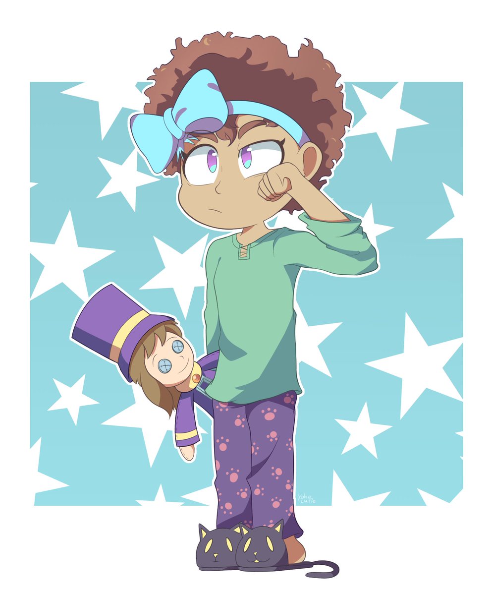 1girl, a_hat_in_time, black_slippers, blue_bow, blue_hairband, bow, bow_hairband, bow_kid