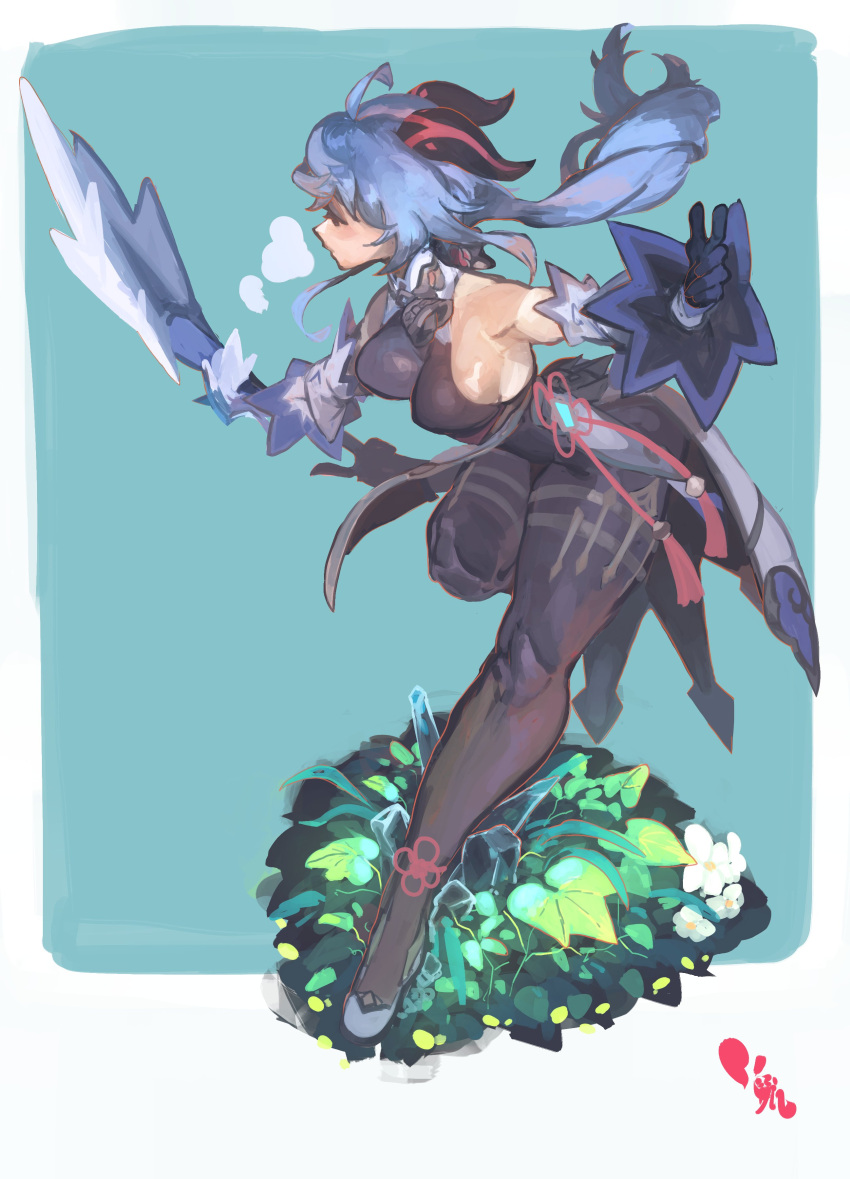 1girl, absurdres, amos'_bow_(genshin_impact), bare_shoulders, bell, black_gloves, black_horns, blue_hair