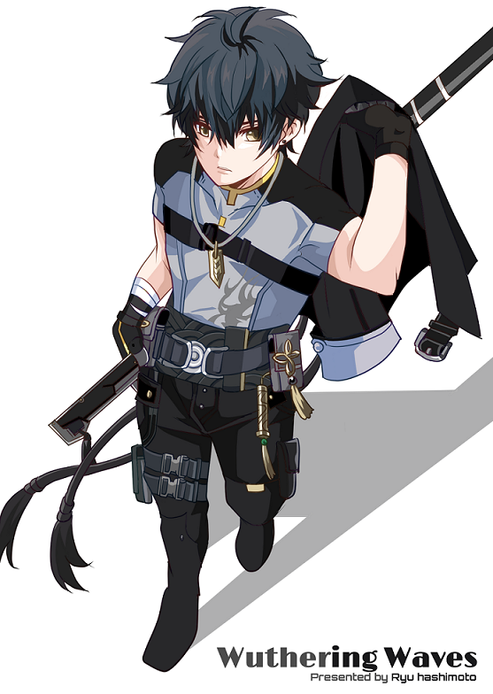 1boy, black_gloves, black_hair, black_jacket, black_shoes, gladiusms3, gloves, grey_shirt