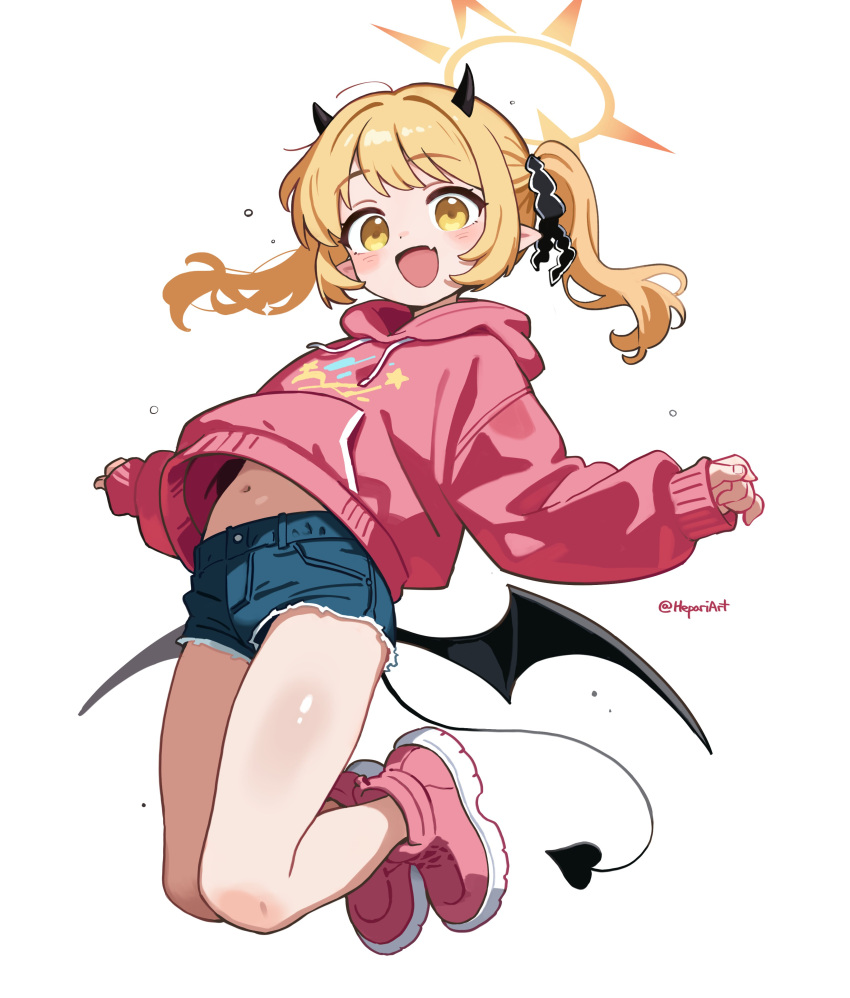:d, absurdres, bare_legs, black_ribbon, blonde_hair, blue_archive, blue_shorts, blush
