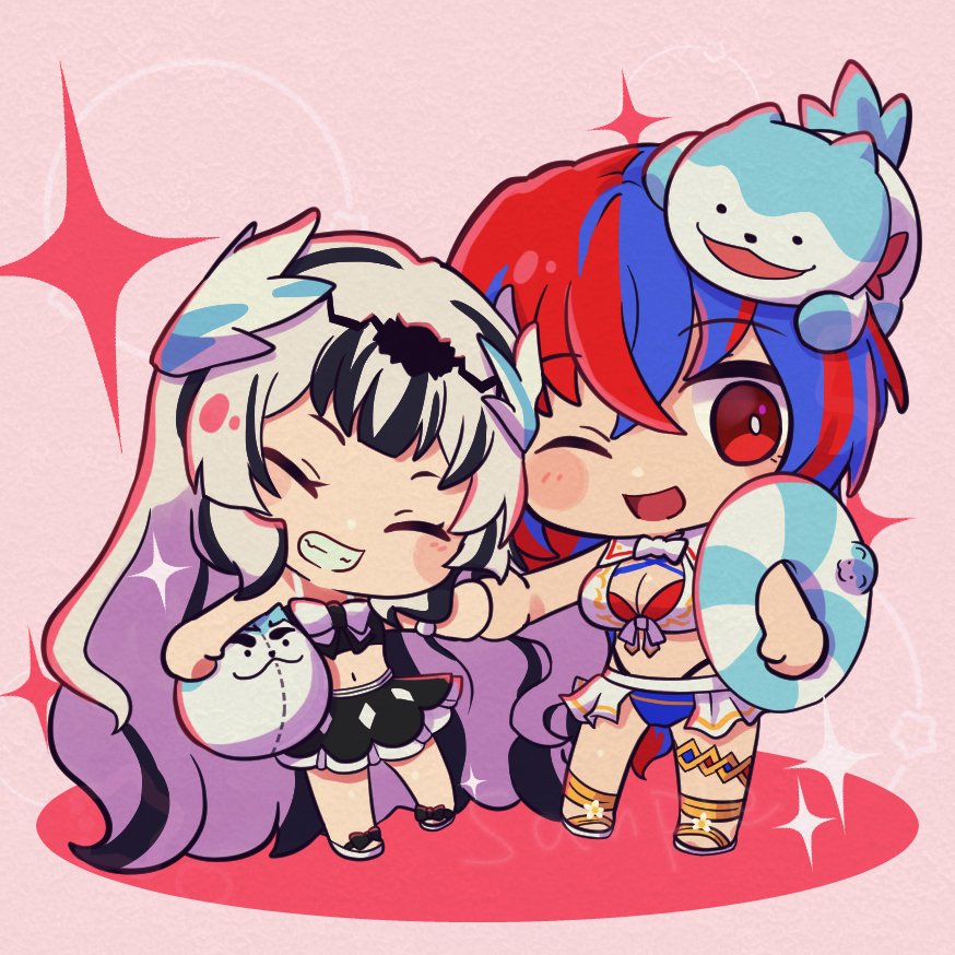 1other, 2girls, alear_(female)_(fire_emblem), alear_(female)_(seaside_dragon)_(fire_emblem), alear_(fire_emblem), bikini, blue_bikini, character_ball