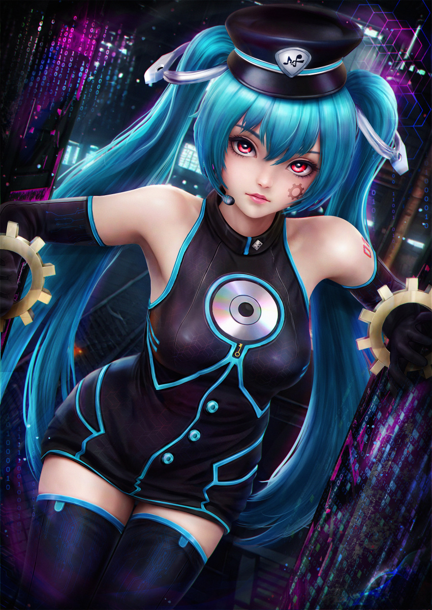 1girl, absurdres, aqua_hair, black_boots, black_dress, black_hat, boots, breasts, commentary_request, dress, gears, hat, hatsune_miku, hatsune_miku_(factory_tyrant), headset, highres, long_hair, looking_at_viewer, project_diva_(series), red_eyes, sadistic_music_factory_(vocaloid), shiny_clothes, skin_tight, solo, standing, thigh_boots, twintails, vocaloid, yuuarts727