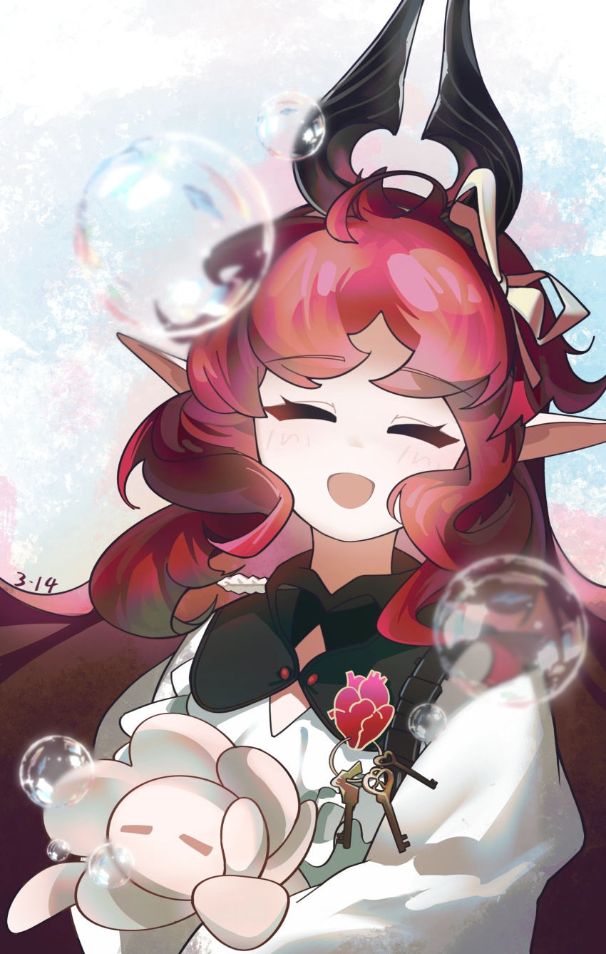 1girl, :d, absurdres, arknights, blush, bubble, closed_eyes, commentary_request