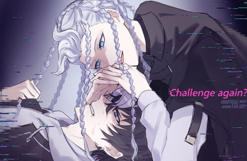 2boys, 8ato3abure, black_cape, black_hair, blue_eyes, braid, cape, clenched_hand
