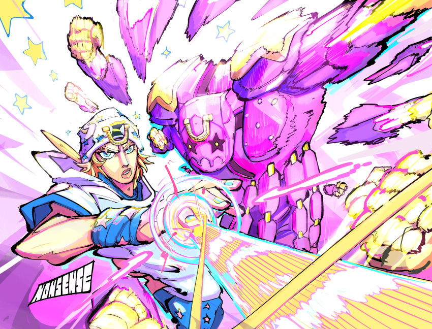 1boy, 1other, absurdres, artist_name, blonde_hair, blue_eyes, blue_nails, highres