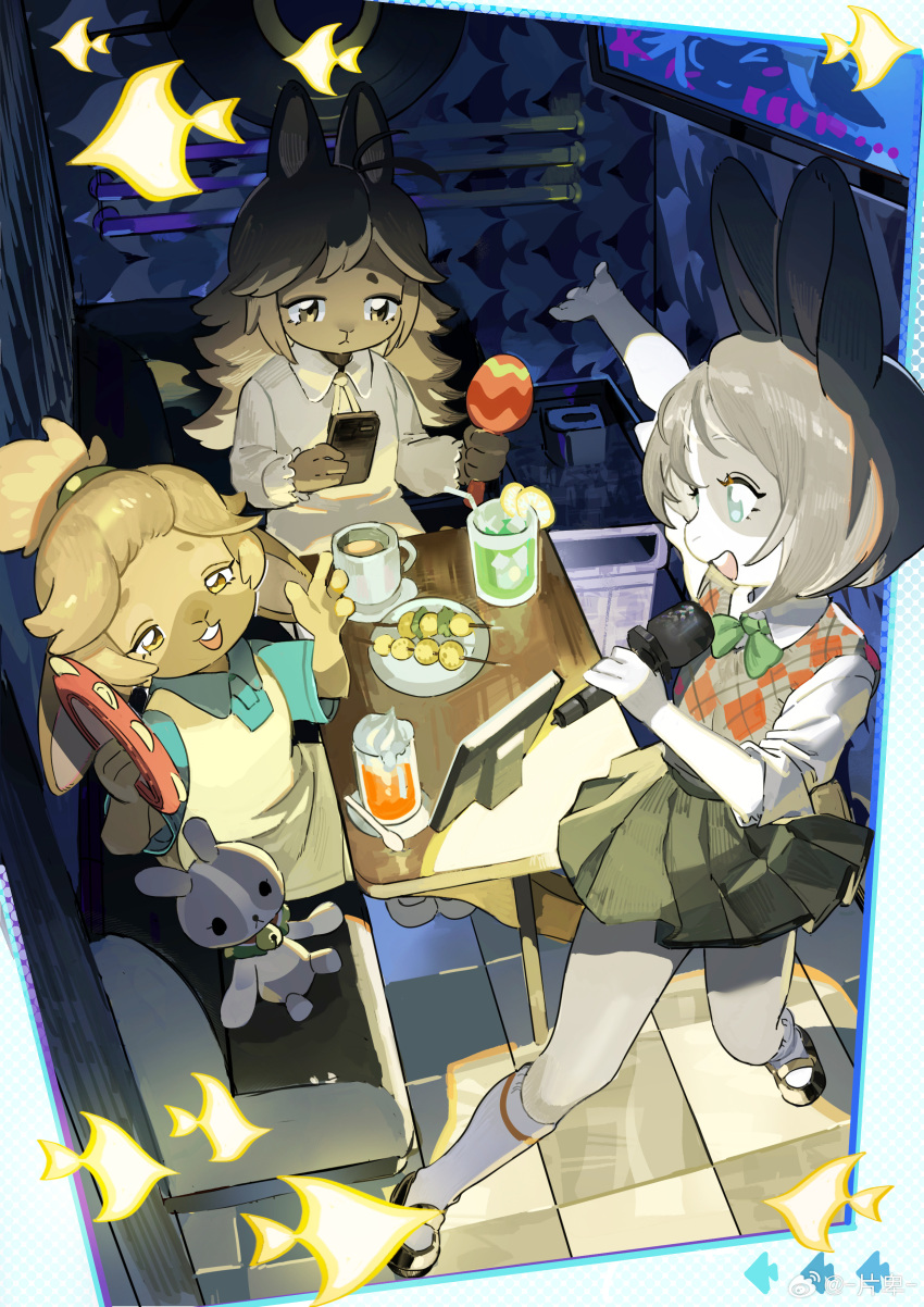 3girls, absurdres, animal_ears, animal_print, antenna_hair, arm_up, bell, black_shoes