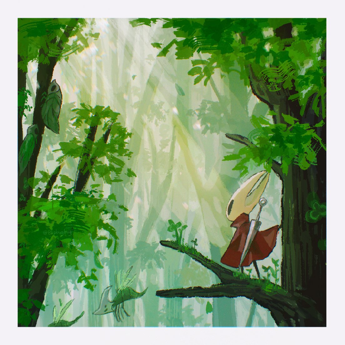 1girl, blipbugbug, border, cloak, forest, hashtag-only_commentary, hollow_knight, hollow_knight:_silksong