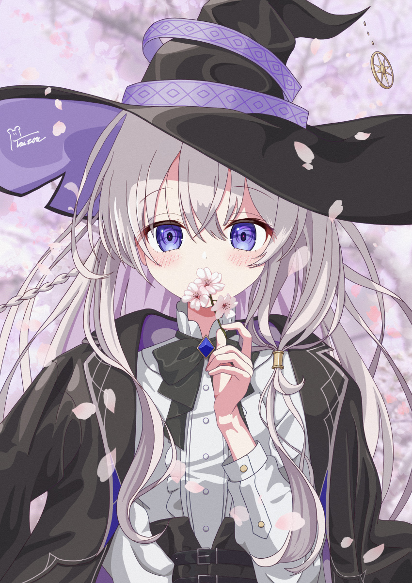 1girl, absurdres, blurry, blurry_background, bow, bowtie, cherry_blossoms, covered_mouth