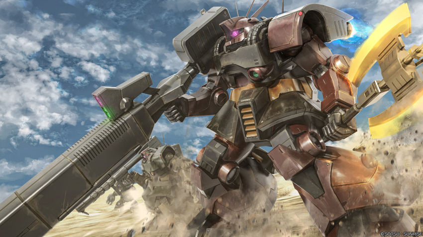 acguy, artist_request, beam_cannon, cable, clouds, cloudy_sky, copyright_logo, debris, desert, dirty, dom_(mobile_suit), dust_cloud, dwadge_custom, energy_gun, glowing, gundam, gundam_battle_operation_2, gundam_zz, heat_hawk, highres, machinery, mecha, mecha_focus, mobile_suit, neo_zeon, official_art, one-eyed, radio_antenna, realistic, robot, science_fiction, sky, sunrise_(company), thrusters, weapon, when_you_see_it