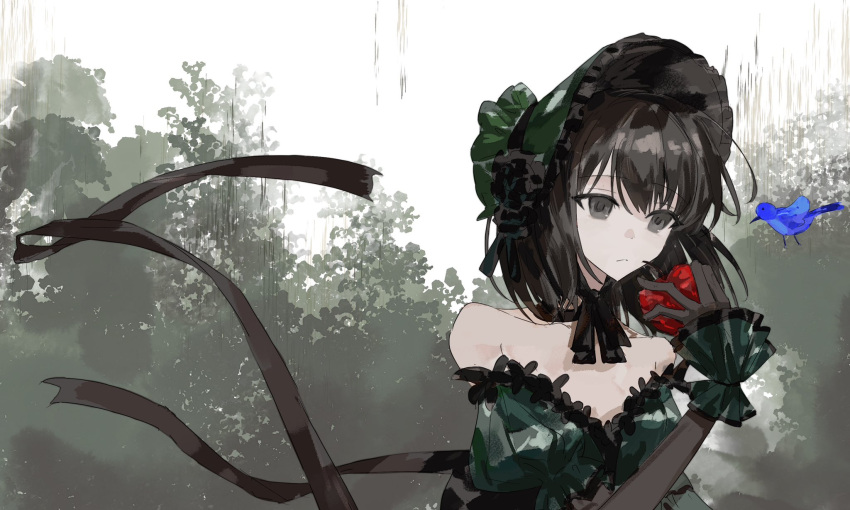 1girl, apple, bird, black_eyes, black_hair, blue_bird, closed_mouth, commentary