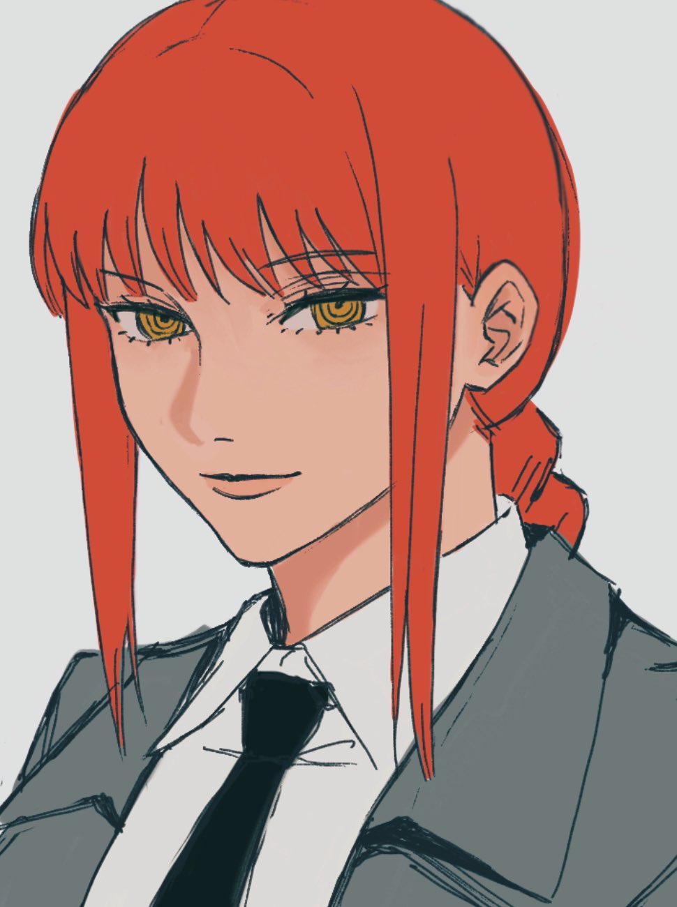 1girl, black_necktie, braid, braided_ponytail, chainsaw_man, commentary, emzok, grey_jacket