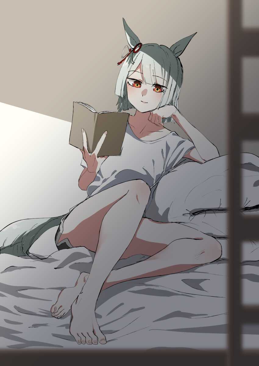 1girl, absurdres, animal_ears, barefoot, bed_sheet, book, closed_mouth, dolphin_shorts, ear_ribbon, fujimasa_march, full_body, futon, green_hair, highres, holding, holding_book, horse_ears, horse_girl, horse_tail, kakuteru_sudachi, on_bed, orange_eyes, shirt, short_hair, short_sleeves, shorts, sitting, smile, solo, t-shirt, tail, umamusume, umamusume:_cinderella_gray, white_shirt