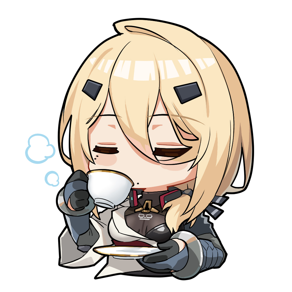 1girl, andoris_(girls'_frontline_2), artist_request, blonde_hair, bodysuit, bodysuit_under_clothes, chinese_commentary, closed_eyes