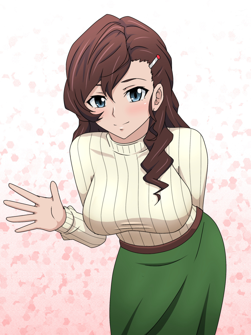 1girl, absurdres, aged_up, arm_behind_back, bent_over, blue_eyes, breasts, brown_hair, commentary_request, drill_hair, garam_masala_(7355873), gegege_no_kitarou, green_skirt, hair_ornament, hairclip, highres, inuyama_mana, large_breasts, long_hair, ribbed_sweater, skirt, solo, sweater, turtleneck, turtleneck_sweater, yellow_sweater