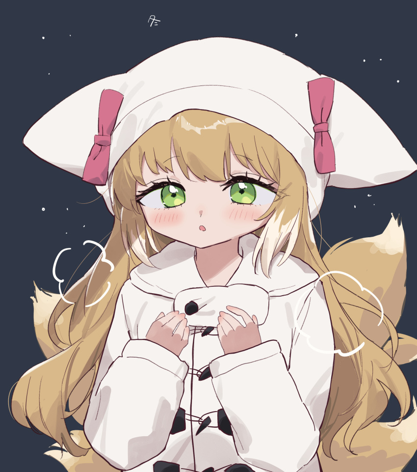 1girl, animal_ears, arknights, breath, coat, fake_animal_ears, fox_ears, fox_tail