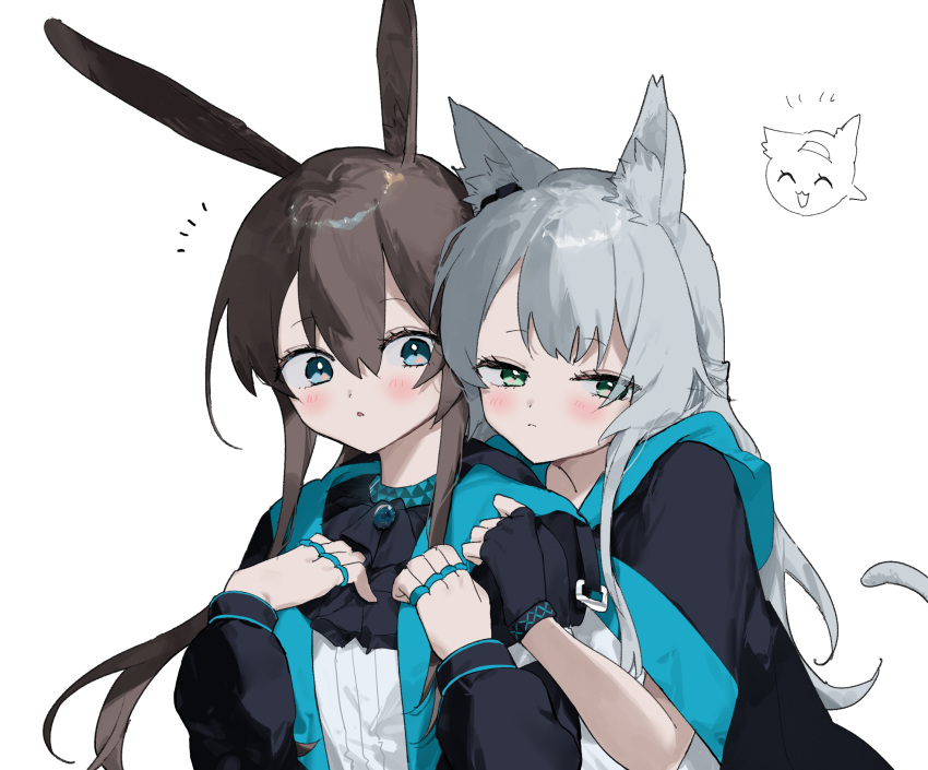 3girls, :d, ^_^, amiya_(arknights), animal_ears, arknights, black_gloves, black_jacket
