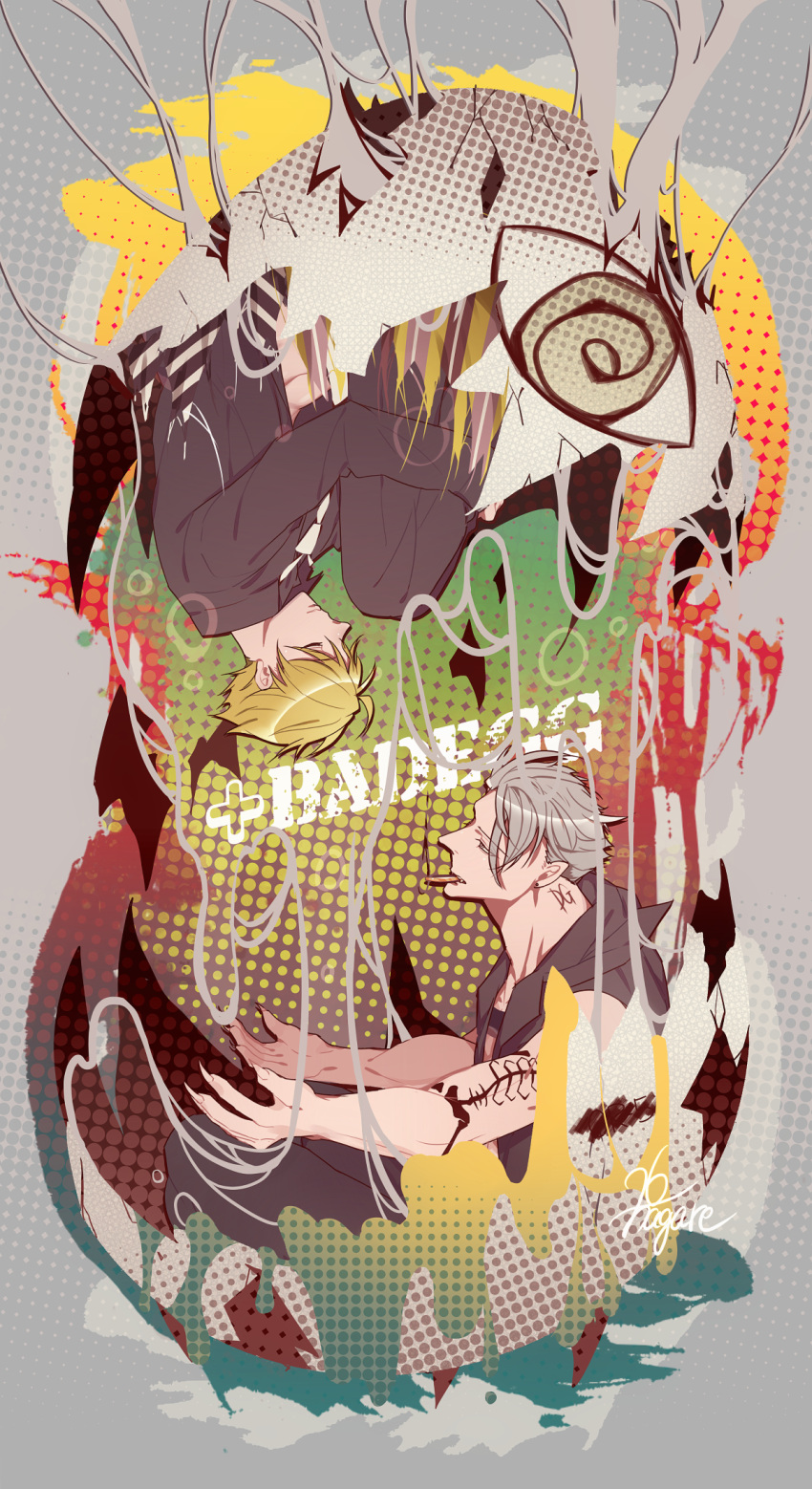 2boys, arm_tattoo, bakshi_christensen, black_pants, black_shirt, blonde_hair, cigar, closed_eyes