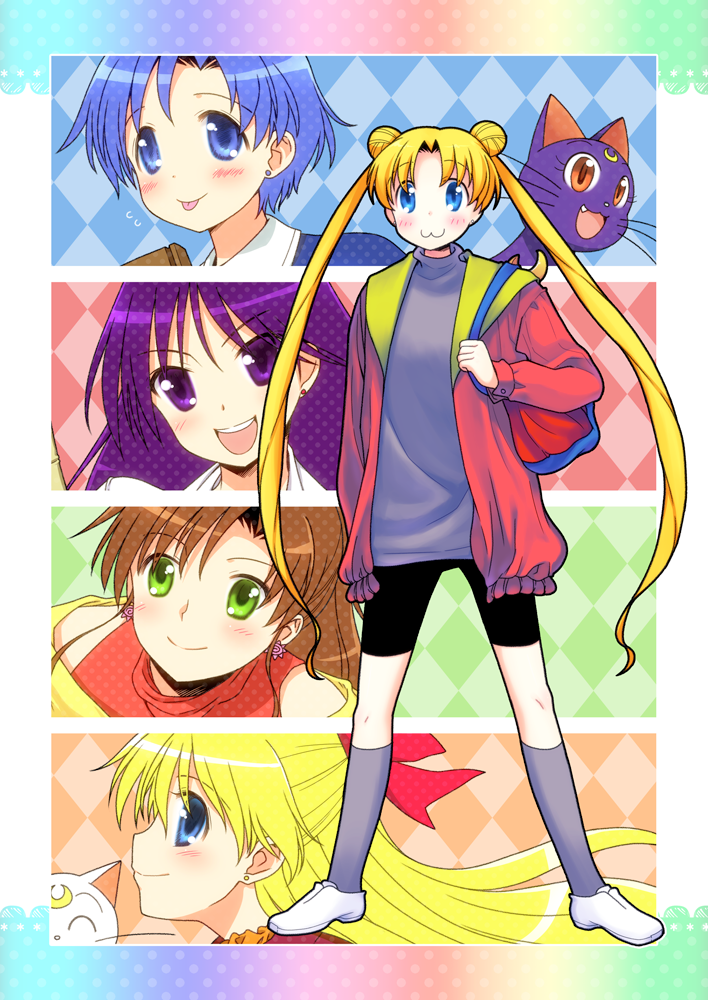 aino_minako, argyle, argyle_background, artemis_(sailor_moon), bag, bishoujo_senshi_sailor_moon, blonde_hair, blue_eyes