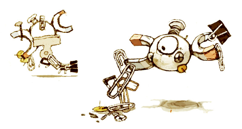 black_eyes, commentary_request, floating, full_body, kyohko, magnemite, magnet_pull_(pokemon), nail_(hardware), no_humans, paperclip, pokemon, pokemon_(creature), pushpin, shadow, simple_background, white_background