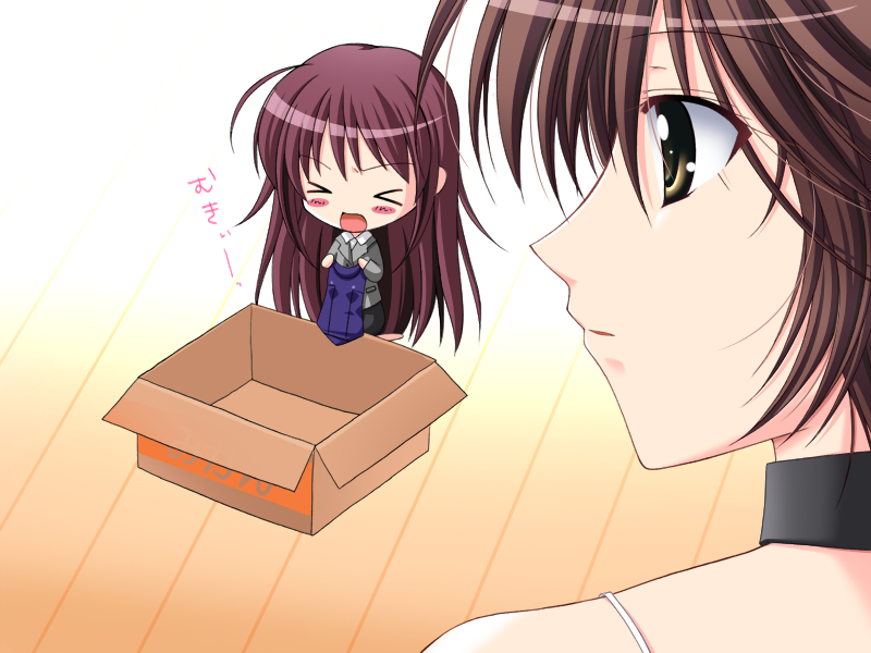>o<, 2girls, blush, box, brown_eyes, brown_hair, cardboard_box, choco_chip