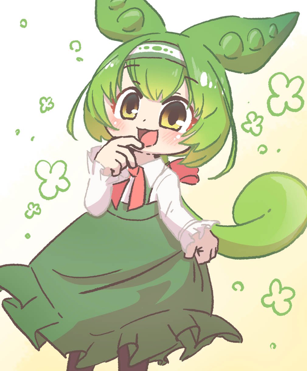 1girl, atelier_macaron, blush, brown_eyes, commentary_request, green_hair, green_skirt, hairband