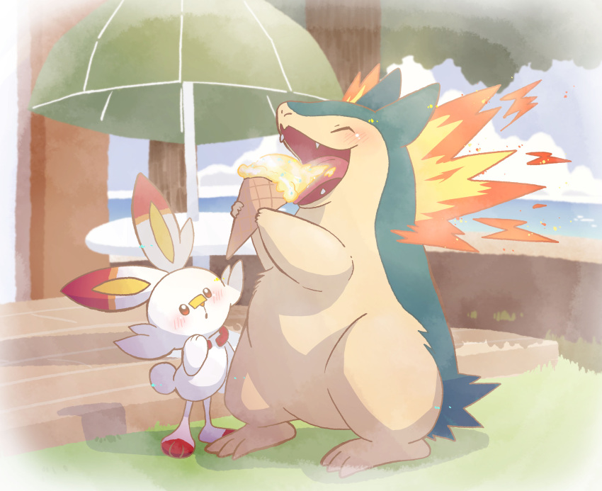 atelier_macaron, blush, closed_eyes, commentary_request, day, eating, fangs, food