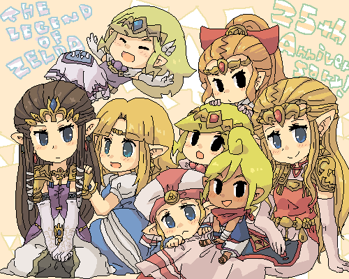 black_eyes, blonde_hair, blue_eyes, brown_hair, earrings, jewelry, long_hair, lowres, multiple_persona, nintendo, ocarina_of_time, pointy_ears, princess_zelda, smile, spirit_tracks, tetra, the_legend_of_zelda, tsutsuji, twilight_princess, wind_waker