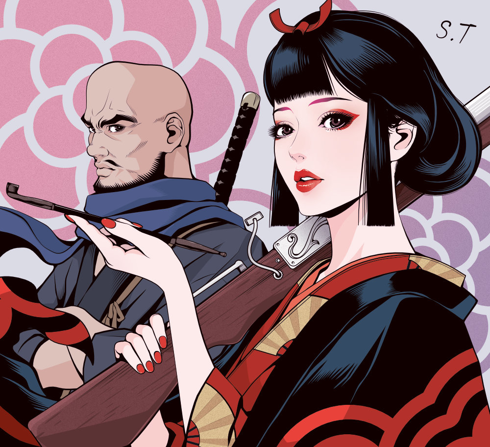 1boy, 1girl, antique_firearm, arquebus, bald, beard, black_eyes, black_hair