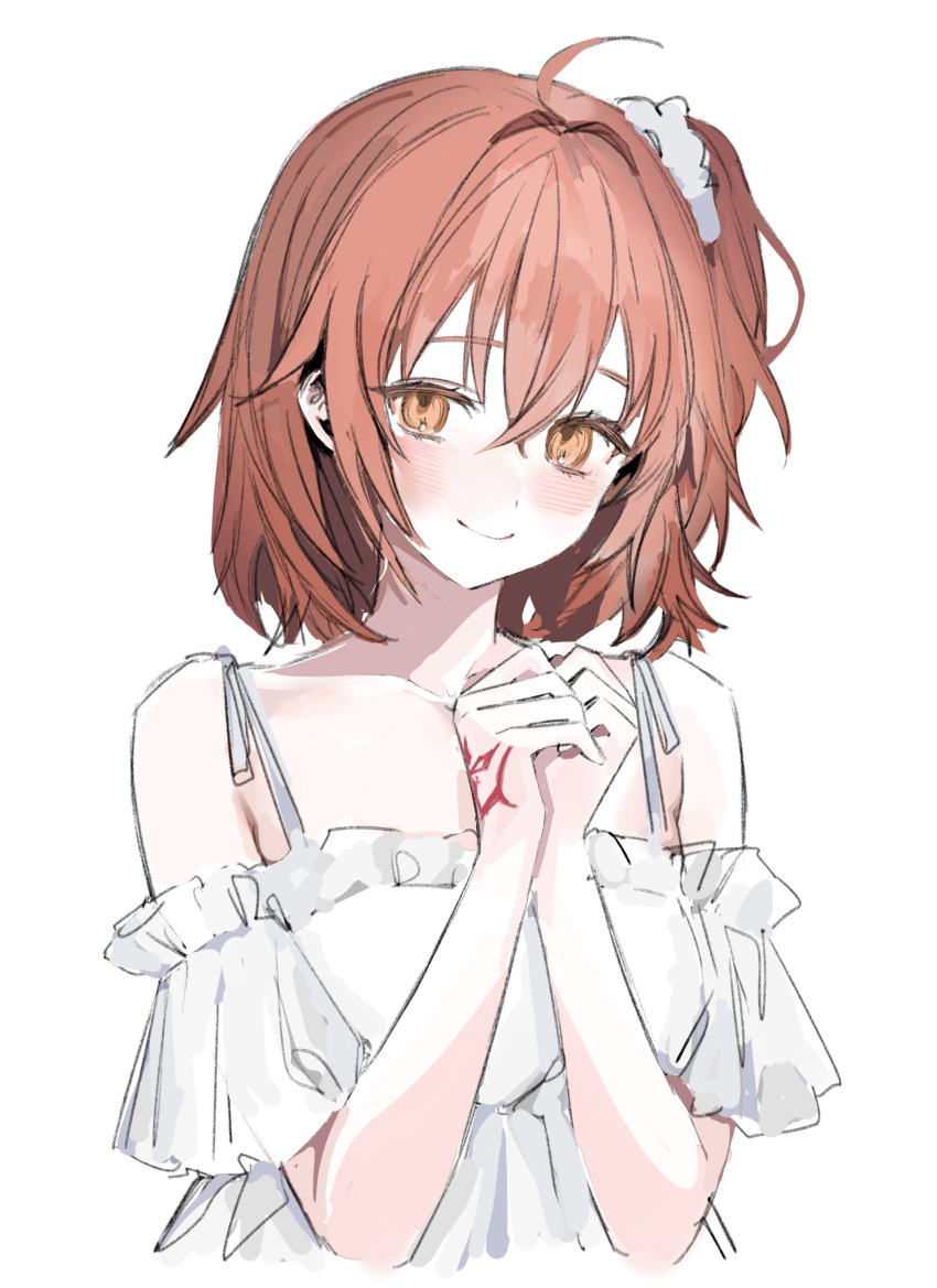 1girl, absurdres, ahoge, alternate_costume, blush, closed_mouth, command_spell, dress