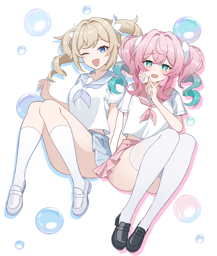 2girls, ;d, absurdres, aqua_eyes, aqua_hair, arm_behind_back, barbara_(genshin_impact), black_shoes