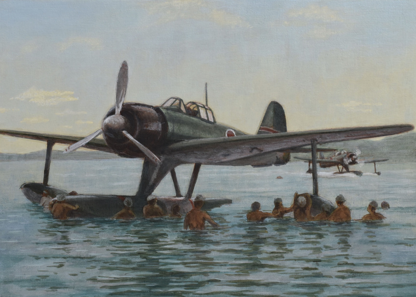 6+boys, a6m2-n, absurdres, acrylic_paint_(medium), aircraft, airplane, atelier_bono, floatplane