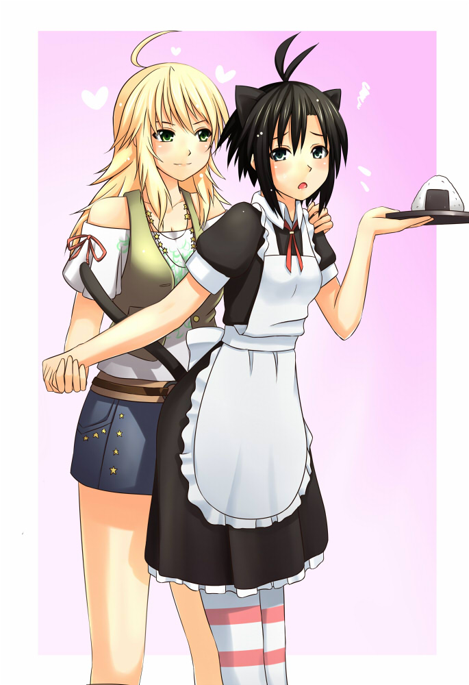 antenna_hair, black_eyes, black_hair, blonde_hair, casual, cat_ears, food, green_eyes