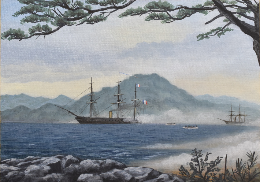 absurdres, acrylic_paint_(medium), atelier_bono, edo_jidai, french_flag, french_navy, harbor, highres